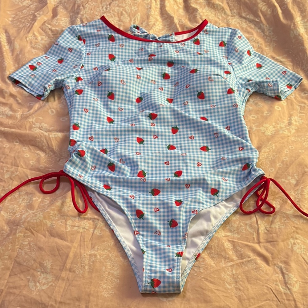 Blue Gingham Strawberry Print Swimsuit